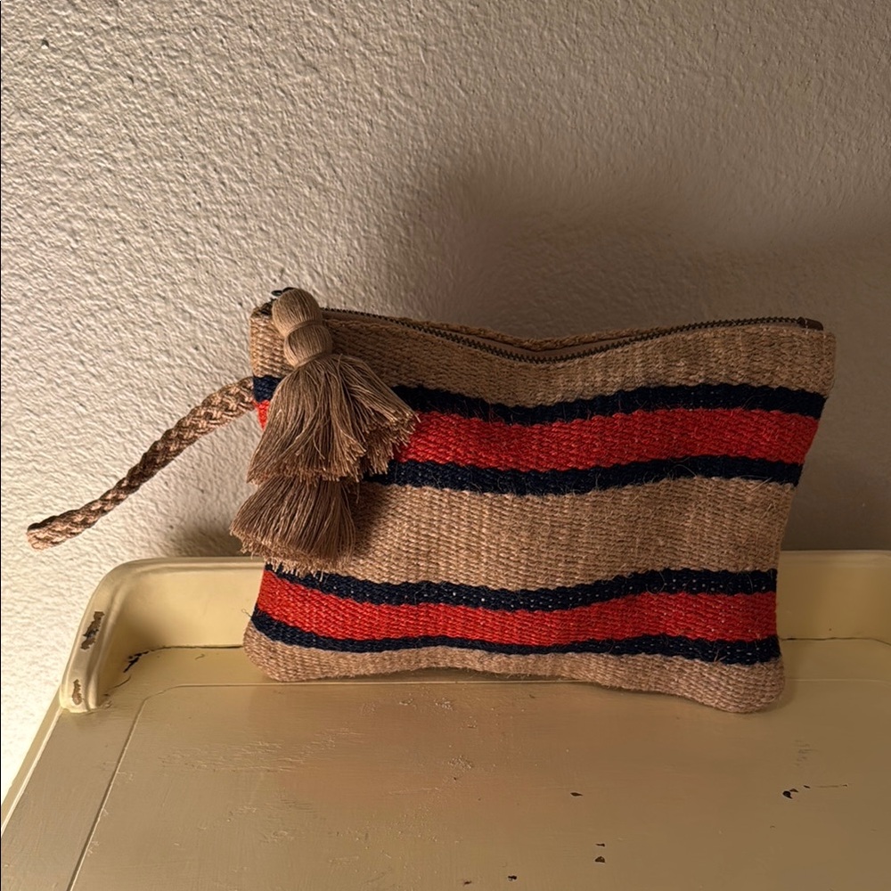 Striped J. Jill Resort Jute Clutch with Tassels